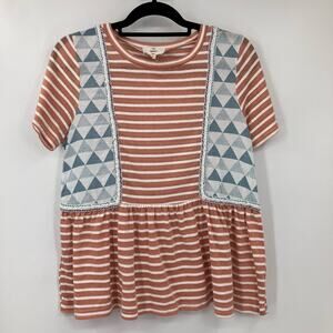 Entro Blue Orange White Stripe Triangle Rope Trim Short Sleeve Peplum Top Shirt